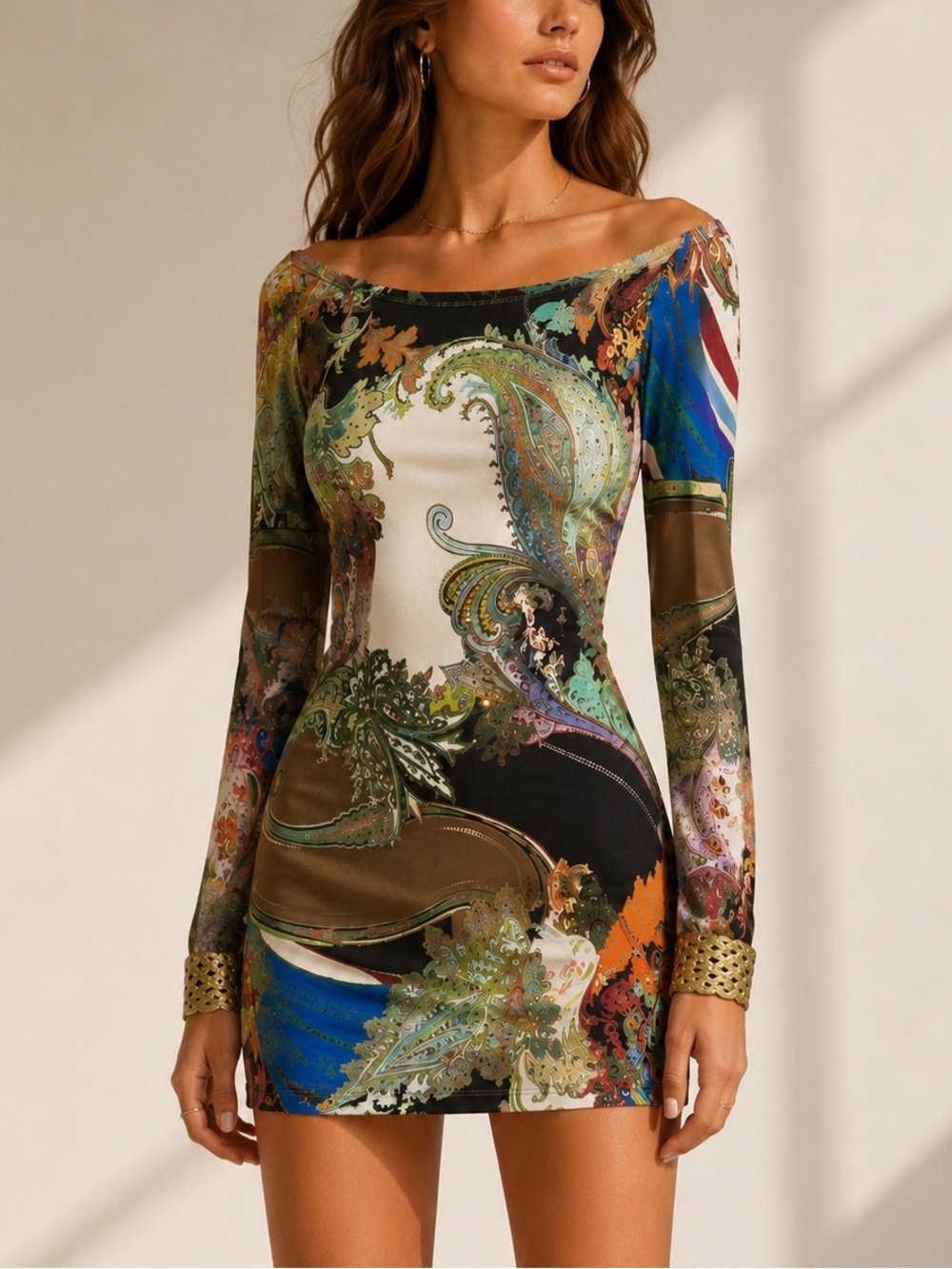 Sky Paisley Off Shoulder Mini Dress Gold Cuff M